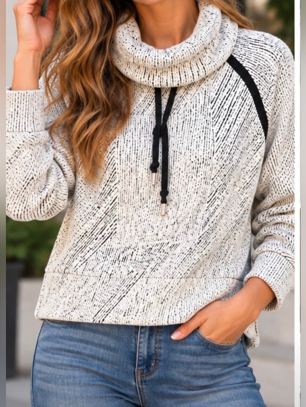 Women's White Black Textured Cowl Neck Pullover Sweatshirt Oversized Cozy